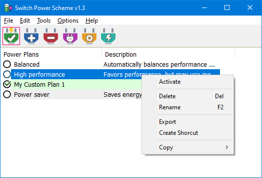 Switch Power Scheme right click plan activation